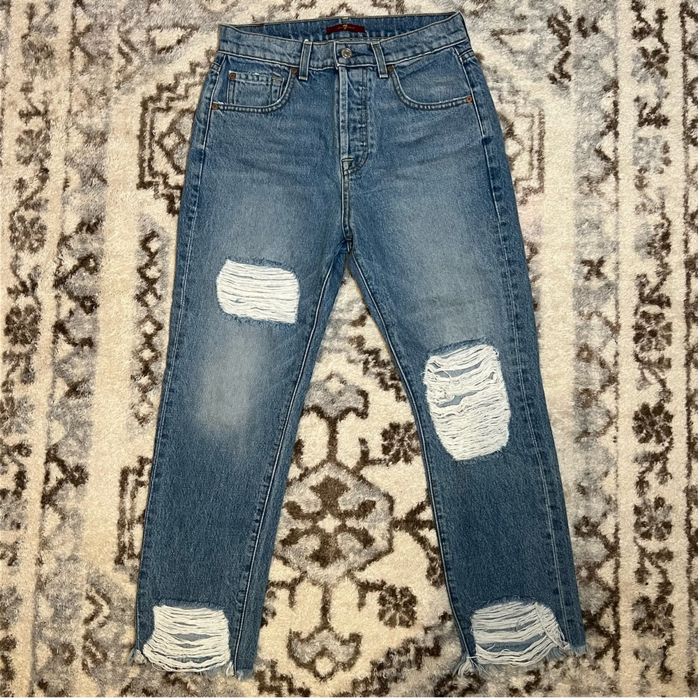 7 For all Mankind Women's High Waist Distressed Cropped Jeans Size 25 Button Fly